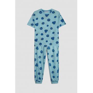 Pijama din bumbac cu model cu fructe - Albastru royal/Albastru deschis