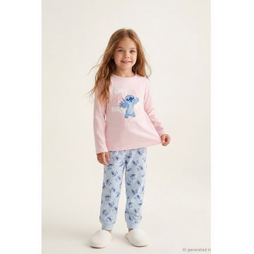 Pijama din bumbac cu model desene animate - Albastru pastel/Roz deschis