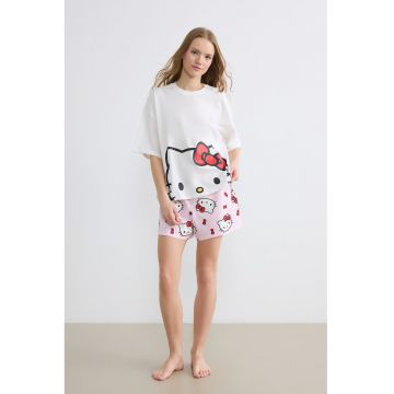 Pijama din bumbac cu model Hello Kitty - Rosu/Alb/Roz deschis