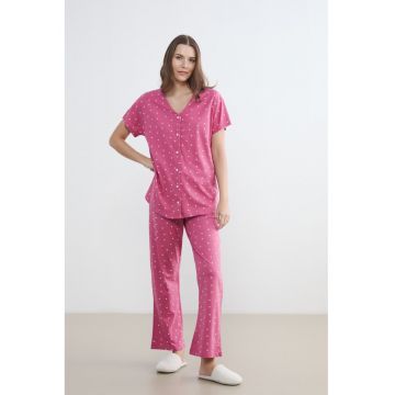 Pijama din bumbac cu model inimi - Roz inchis