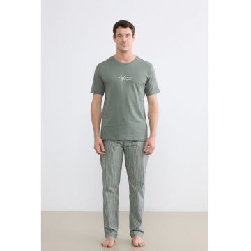 Pijama din bumbac cu pantaloni lungi cu model in dungi - Verde feriga