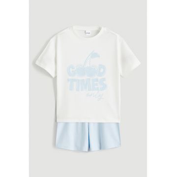 Pijama din bumbac cu pantaloni scurti si imprimeu text - Alb/Albastru deschis