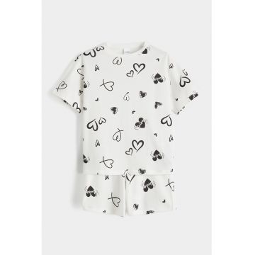 Pijama din bumbac cu pantaloni scurti si model inimi - Negru/Alb murdar