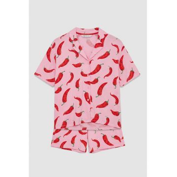 Pijama din bumbac cu pantaloni scurti si nasturi - Rosu/Roz