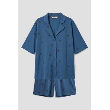Pijama din bumbac cu pantaloni scurti si stele - Negru/Albastru gentian
