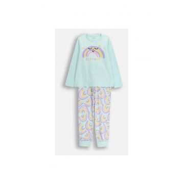 Pijama din bumbac cu talie elastica si imprimeu cu grafic