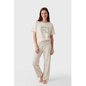 Pijama lunga cu imprimeu cu pisica - Negru stins/Bej deschis