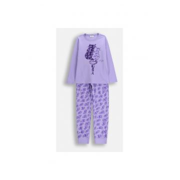 Pijama lunga din bumbac cu imprimeu cu pisici