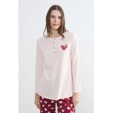 Pijama lunga din bumbac cu model cu inimi - Rosu inchis/Roz pal