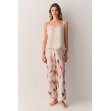 Pijama satinata cu decolteu in V - Alb fildes