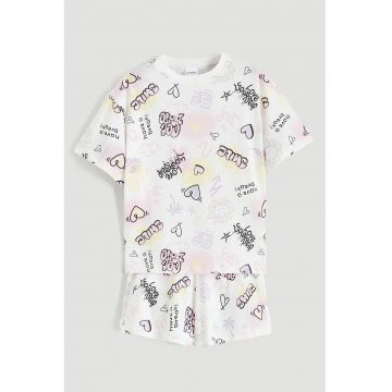 Pijama scurta cu imprimeu grafic - Alb