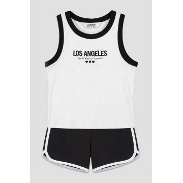 Pijama scurta cu imprimeu text - Alb/Negru