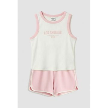 Pijama scurta cu imprimeu text - Alb/Roz pastel