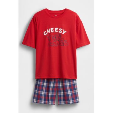 Pijama scurta cu imprimeu text - Rosu/Albastru inchis