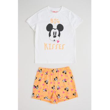 Pijama scurta cu model cu Mickey Mouse - Alb/Ocru