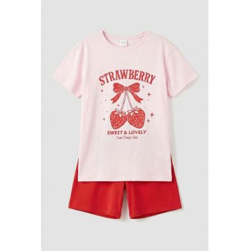 Pijama scurta de bumbac - Rosu/Roz pastel