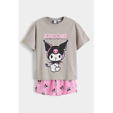 Pijama scurta din bumbac cu imprimeu Kuromi - Gri melange/Roz