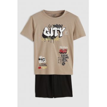 Pijama scurta din bumbac cu imprimeu - Negru/Maro camel