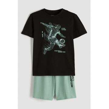 Pijama scurta din bumbac cu imprimeu - Negru/Verde sparanghel