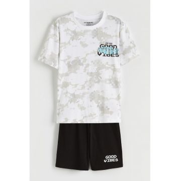 Pijama scurta din bumbac cu model - Alb/Negru