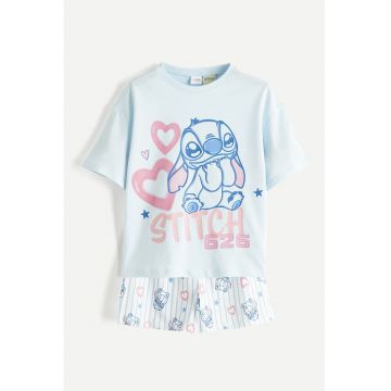 Pijama scurta din bumbac cu model cu Stitch - Roz pastel/Albastru glaciar