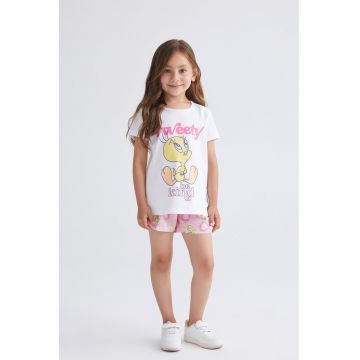 Pijama scurta din bumbac cu model - Roz pastel/Galben pal/Alb murdar
