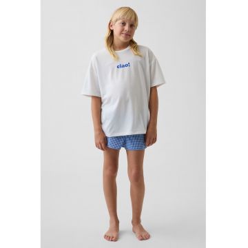 Pijama scurta lejera cu decolteu la baza gatului - Albastru royal/Alb optic
