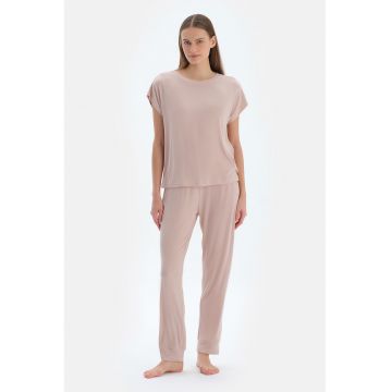 Pijama striata cu model uni - Nude rose