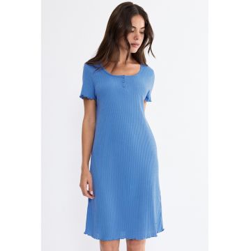 Rochie mini din amestec de bumbac cu striatii - Albastru pastel