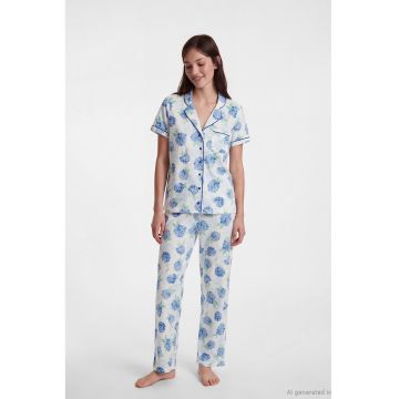 Set de camasa cu maneci scurte si model floral si pantaloni de pijama - Alb/Verde/Albastru