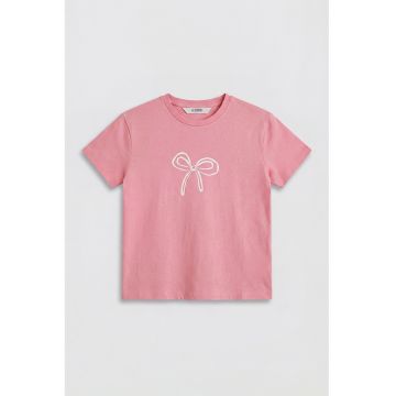 Tricou de pijama cu decolteu la baza gatului si funda - Roz prafuit