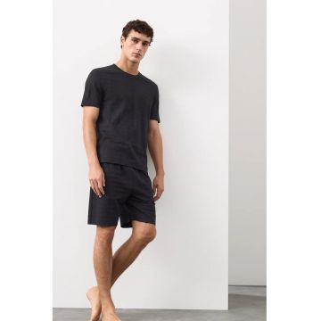 Tricou de pijama din amestec de bumbac cu aspect texturat - Negru
