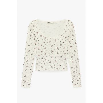 Bluza de pijama din bumbac cu imprimeu floral - Crem