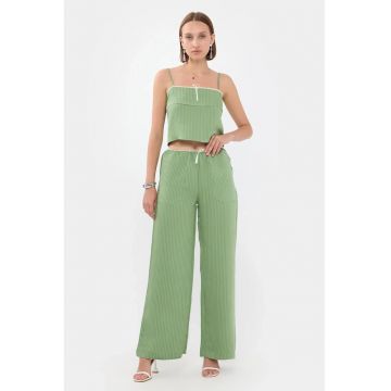 pantaloni de dungi - talie inalta - verde - poliester