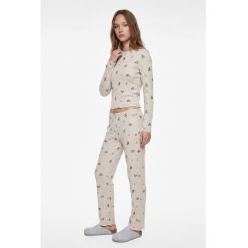 Pantaloni de pijama din amestec de bumbac cu model - Maro deschis/Bej deschis
