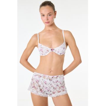 Pantaloni scurti de pijama cu dantela si model floral - Alb/Fucsia