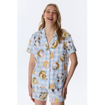 Pantaloni scurti de pijama cu model cu pisica - Alb/Maro/Albastru deschis