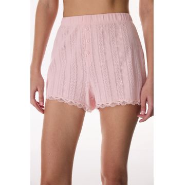 Pantaloni scurti de pijama din bumbac cu detalii perforate - Roz deschis