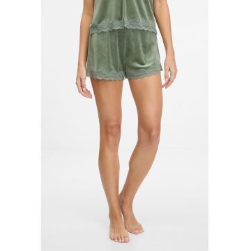 Pantaloni scurti de pijama din velur cu garnitura din dantela - Verde sparanghel