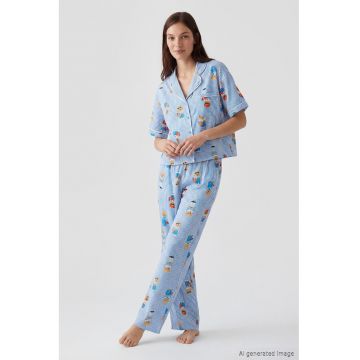 Pijama cu model grafic - Alb/Albastru azur/Maro camel
