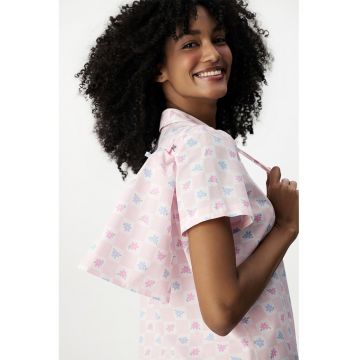 Pijama cu pantaloni scurti din bumbac si model floral - Roz deschis/Albastru deschis