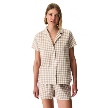 Pijama cu pantaloni scurti si model in carouri - Alb/Maro camel