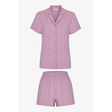 Pijama cu pantaloni scurti si revere decupate - Roz prafuit