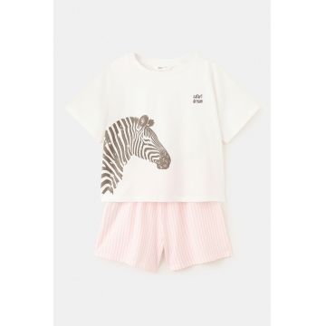 Pijama de bumbac cu pantaloni scurti si imprimeu zebra - Roz pastel/Crem