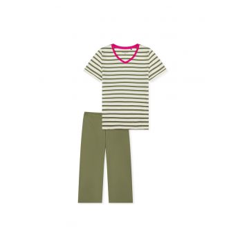 Pijama de bumbac cu pantaloni trei sferturi - Alb/Verde