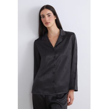 Pijama din satin cu pantaloni lungi si model funde - Negru stins