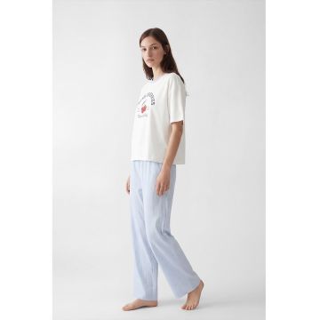 Pijama lunga cu model in dungi si imprimeu cu cirese - Coral/Albastru azur/Alb optic/Verde aquamarin