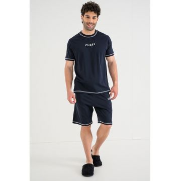 Pijama scurta cu imprimeu logo si benzi contrastante - Albastru ultramarin