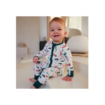 Pijamale lungi din bambus cu fermoar reversibil -  - Under The Sea - Alb cu Verde - pentru fetite si baietei - Multicolor