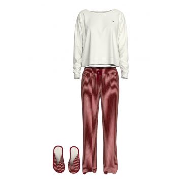 Set de pijama cu pantaloni lungi si papuci de casa - Alb fildes/Rosu inchis